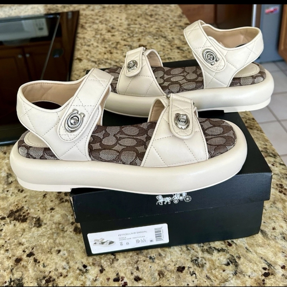Coach Peyton Double Buckle Flatform sandals Chalk Leather SZ 8 B - Picture 2 of 12
